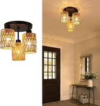 Boho Rattan Ceiling Light Fixture, Mini Rattan Chandelier Lighting Fixture, Hand Woven Ceiling Light Fixtures for Hallway Bedroom Kitchen Entryway Living Room (Brown)