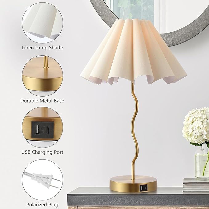 Pleated Table Lamp, Set of 2 Table Lamps for Bedroom, Bedside Lamps for Nightstand with Linen Lampshade, Modern Lamp for Bedroom Home Office Decor, Gold