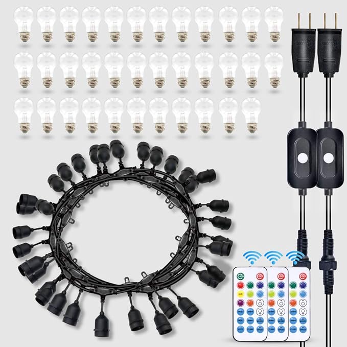 96FT Outdoor String Lights, 30 Shatterproof Edison Bulbs, Dimmable Color Changing RGB LED Patio Lights with 2 Remote Controllers. Perfect for Backyard Decorative Lighting
