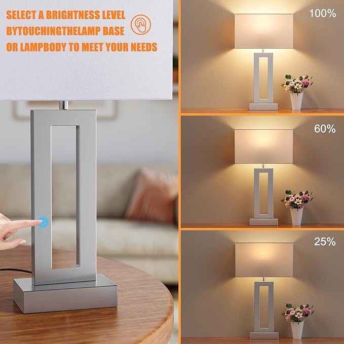 Nightstand Table Lamps for Bedrooms Set of 2 - Touch Bedside Lamp with USB C+A, 3 Way Dimmable Living Room Lamps for End Tables Set of 2, Modern Night Stand Lamps for Bed Side(White&Silver)