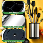 Kitchen Utensil Holder for Countertop, 360°Rotating Cooking Utensil Crocks，4 Compartment Stainless Steel Utensil Holder,6.7”Large Utensil Crock Spoon Fork Knife Holder For Kitchen Counter (khaki)
