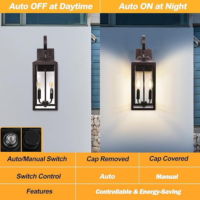 Oil Rubbed Bronze Dusk to Dawn Outdoor Wall Lighting, 19" Large Outside Modern Wall Sconce Lantern, Industrial Porch Light Wall Mount, Waterproof Farmhouse Exterior Lamp 2-Light Brown
