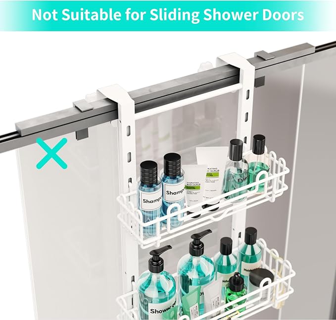 HapiRm 3 Tier Over the Door Shower Caddy, Hanging Shower Caddy with 16 Hooks and 2 Soap Holders, No Drilling Adjustable Hanging Bathroom Organizer - White
