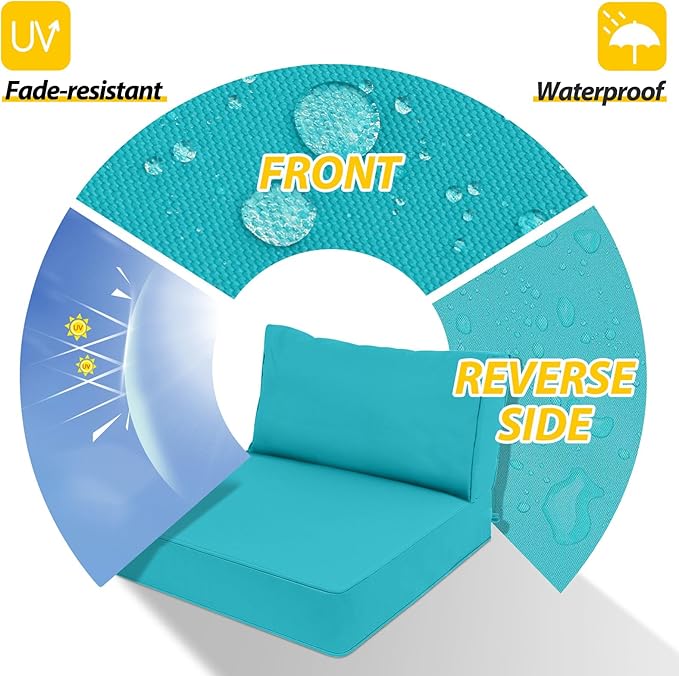 AAAAAcessories Outdoor Deep Seat Cushions, Waterproof, Fade-Resistant Patio Furniture Replacement Cushions, 24" x 24" x 5" + 24" x 13.5", Turquoise Blue