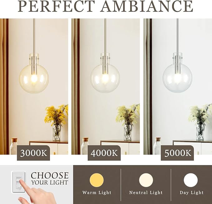 Brushed Nickel Pendant Lights Kitchen Island, 1-Light 8" Large Globe Glass Hanging Light Fixtures with Clear Glass, Modern Kitchen Pendant Lighting Over Island for Sink Bathroom, OS-JJ528-1PBN
