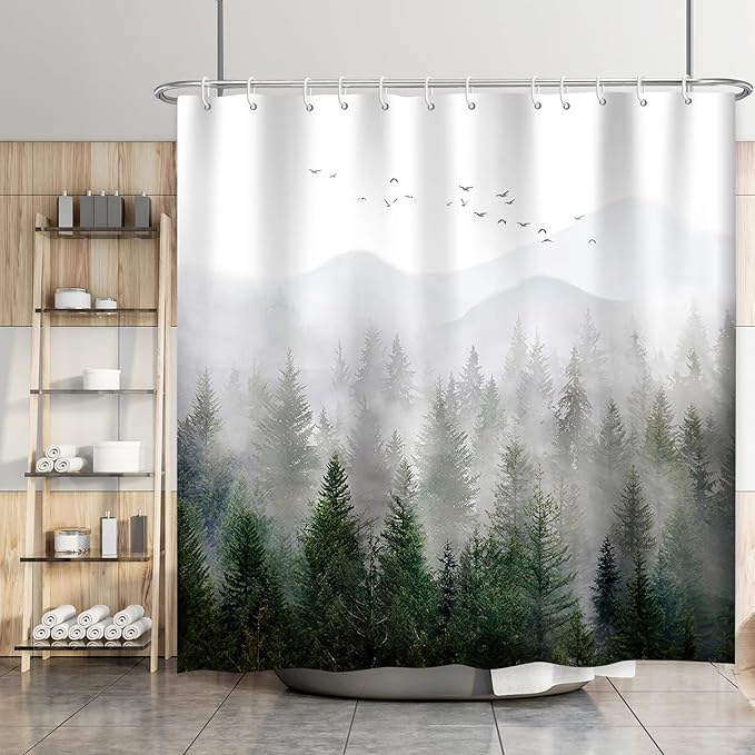 Green Misty Forest Shower Curtain Pine Tree Mountain Nature Woodland Bathroom Curtains Waterproof Polyester Fabric Bath Curtain 72 x 72 Inch with 12 Hooks