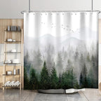 Green Misty Forest Shower Curtain Pine Tree Mountain Nature Woodland Bathroom Curtains Waterproof Polyester Fabric Bath Curtain 72 x 72 Inch with 12 Hooks