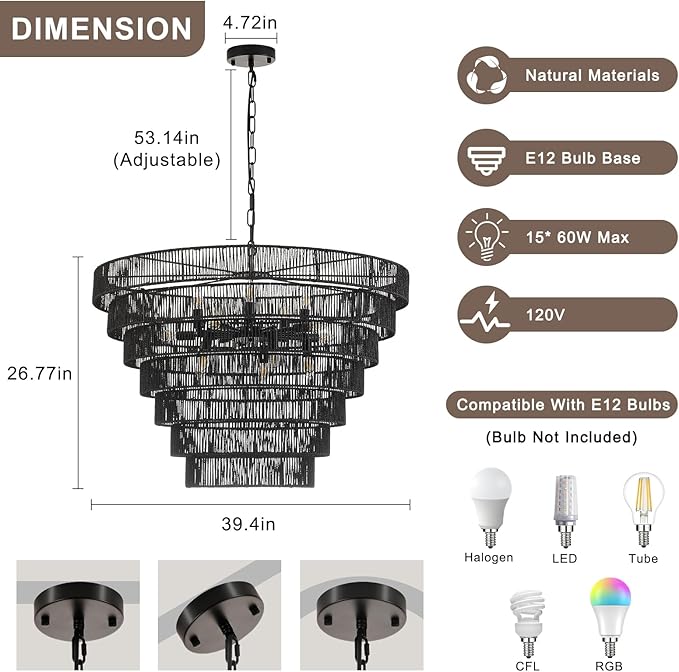 39.4“ Large Black Rattan Chandelier Vintage Farmhouse 15-Lights Boho Hand-Woven Bamboo Chandeliers Light Fixture Rustic Drum Wicker Chandelier for Dining Room, Living Room, Kitchen Island, E12