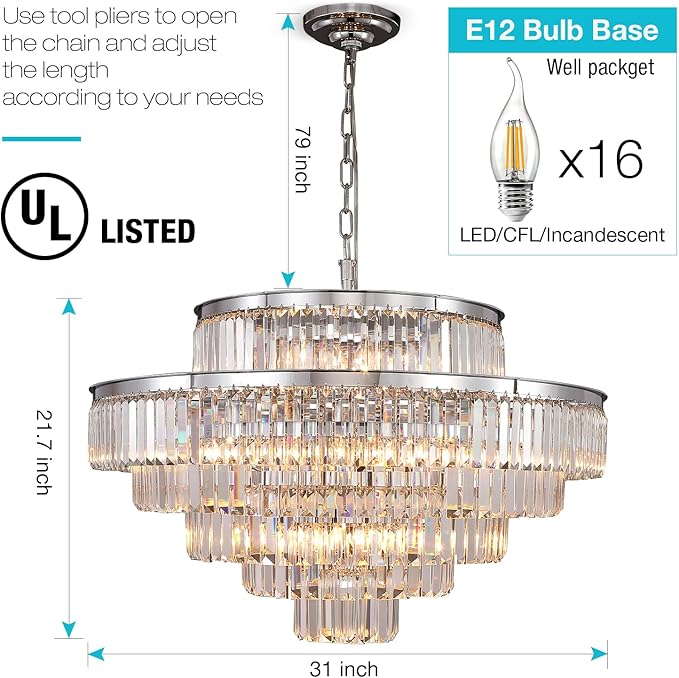 Modern Chrome Crystal Chandeliers Lighting 31'' & Lights Round Hanging Classic, Pendant Ceiling Chandelier Lighting Fixture 6-Tier for Dining Room Living Room(Chrome,31 inch)