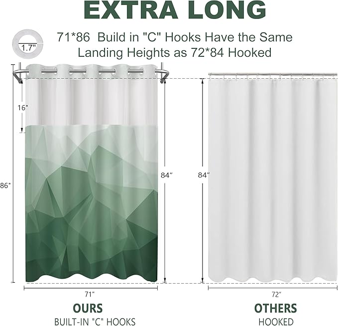 No Hook Shower Curtain with Snap in Liner and Sheer Window, Green Modern Geometric Fabric Shower Curtain Set for Bathroom Decor, 15-Second Quick Install, Abstract Irregular Ombre, 71"X86"