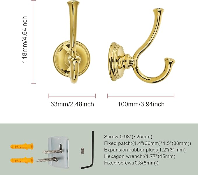 TUNNY Towel Hook Bathroom-2 Pack Shiny Gold（PVD-Gold） Double Robe/Towel Hook Wall Mounted Hook for Bathroom Bedroom Kitchen