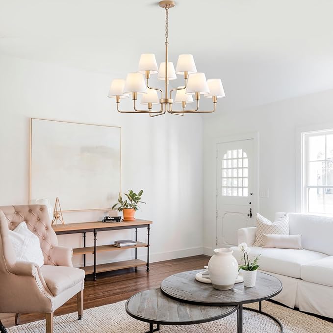 9-Light Gold Chandelier Light Fixture with White Fabric Shades, 33 inch Modern Farmhouse Dining Room Light Fixtures, 2 Tiered Lantern High Ceilings Pendant Light for Foyer Entryway Living Room Kitchen