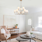 9-Light Gold Chandelier Light Fixture with White Fabric Shades, 33 inch Modern Farmhouse Dining Room Light Fixtures, 2 Tiered Lantern High Ceilings Pendant Light for Foyer Entryway Living Room Kitchen