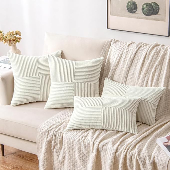 MIULEE White Corduroy Pillow Covers Pack of 2 Boho Decorative Spliced Throw Pillow Covers Soft Solid Couch Pillowcases Cross Patchwork Textured Cushion Covers for Living Room Bed Sofa 16x16 inch