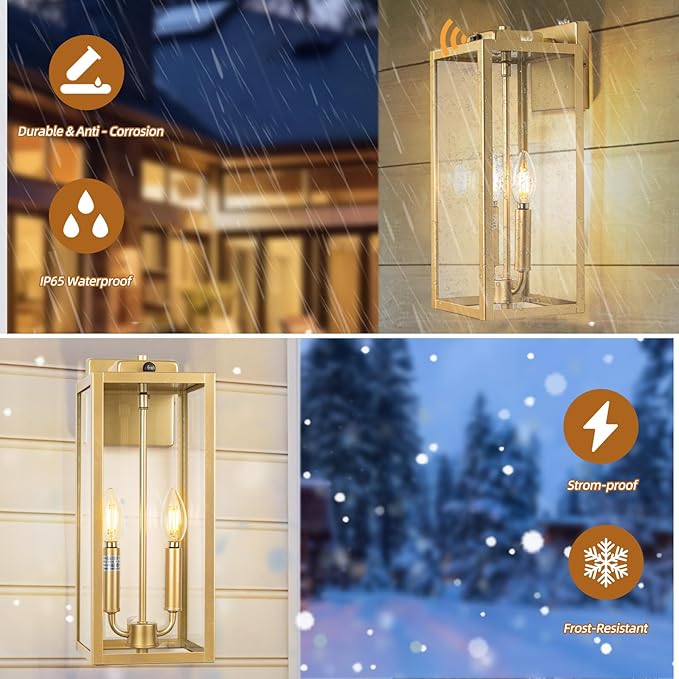Gold 2-Light Dusk to Dawn Outdoor Light Fixture Large 16 Inch, Candle Light Square Exterior Wall Light for House Photocell Sensor IP65 Waterproof Porch & Patio Light Brass Outside Sconce