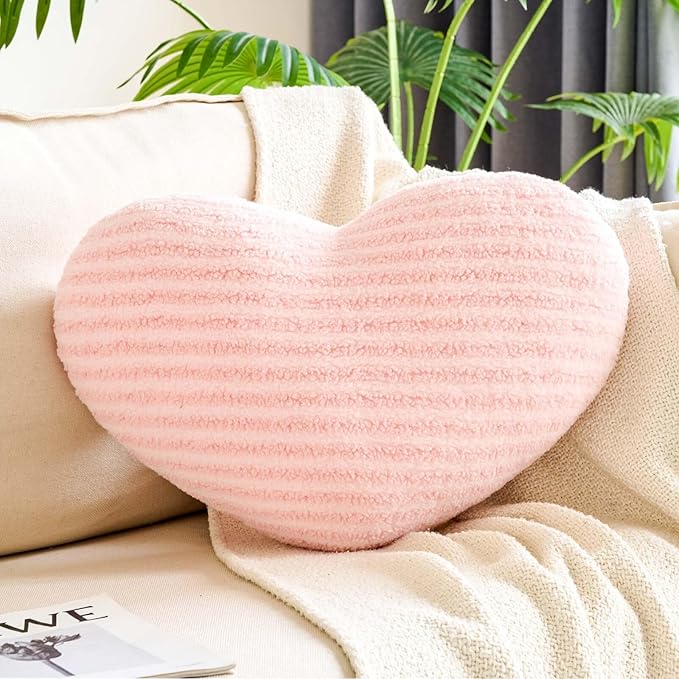 Pink Heart Pillows, 15.7" Cute Heart Decorative Pillow, Stripe Heart Shaped Plush Throw Pillows for Bed