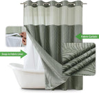 no Hook Shower Curtain and Liner Set，Boho Style with See Through Top Window, SageGreen Fabric Tufted Striped Textured Outer Curtain & Waterproof Inner Liner, SageGreen, 71Wx77H