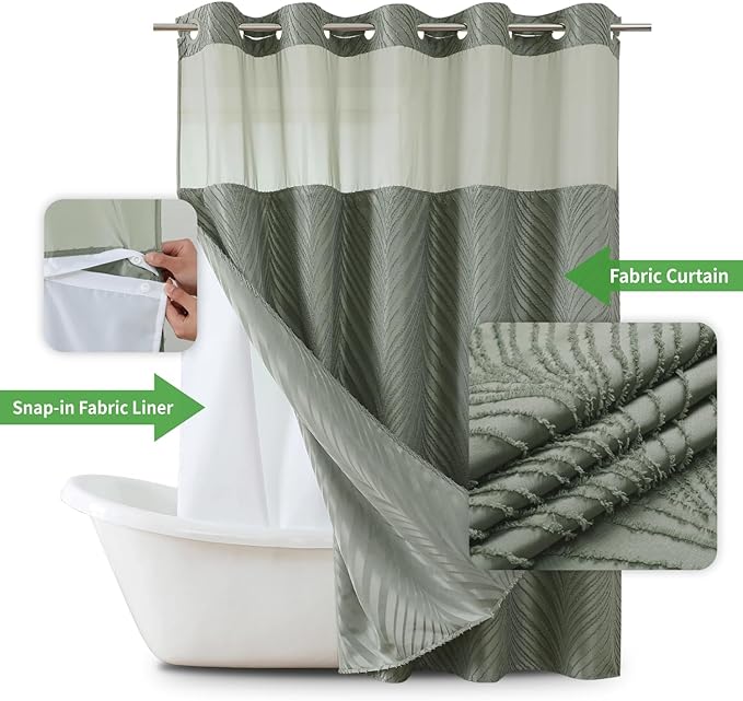 no Hook Shower Curtain and Liner Set，Boho Style with See Through Top Window, SageGreen Fabric Tufted Striped Textured Outer Curtain & Waterproof Inner Liner, SageGreen, 71Wx77H