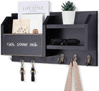 Mail and Key Holder – Wall Mount Key Hanger with Shelf and 7 Metal Hooks – Decorative Natural Paulownia Wood Entryway Organizer with Mounting Hardware (16.5”W x 8.7”H x 3.5”D) (Black)