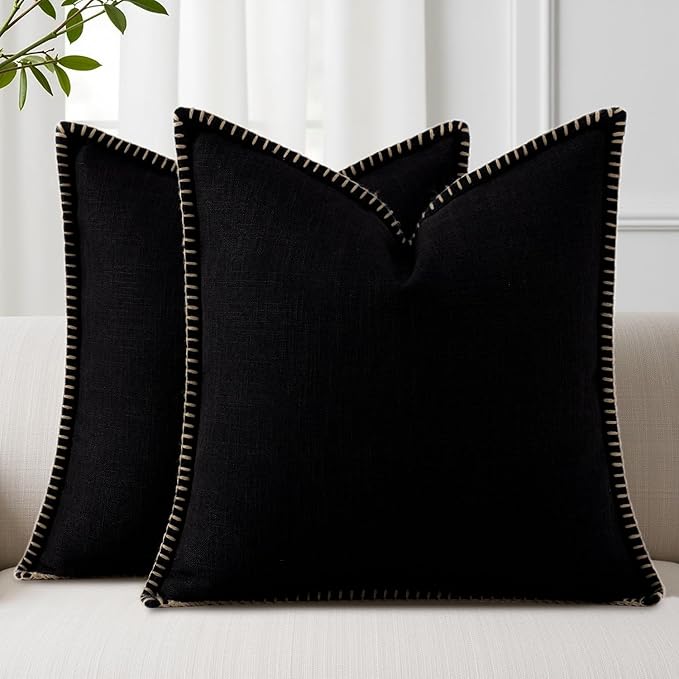 decorUhome Decorative Outdoor Throw Pillow Covers 18x18 Set of 2, Square Linen Rustic Neutral Farmhouse Euro Pillow Covers with Stitched Edge for Couch, Sofa, Living Room, Black