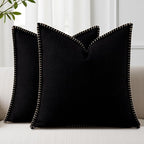 decorUhome Decorative Outdoor Throw Pillow Covers 20x20 Set of 2, Square Linen Rustic Neutral Farmhouse Euro Pillow Covers with Stitched Edge for Couch, Sofa, Living Room, Black