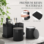 6-Piece Black Bathroom Set - Sleek Resin Organizer with Soap Dispenser, Toothbrush Holder, Vanity Tray, Tumbler & Apothecary Jars for Small Spaces