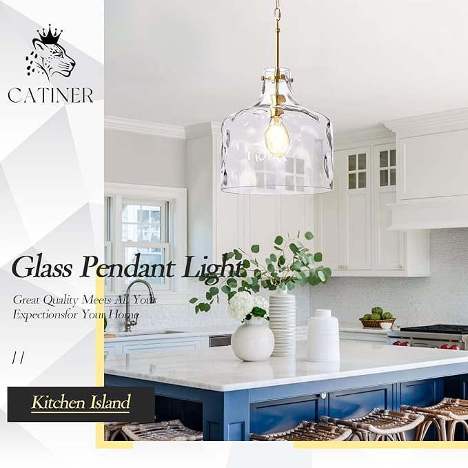 16" Extra Large Farmhouse Pendant Light – Hand-Blown Hammered Glass Shade, Gold Finish, Adjustable Chain Ceiling Light for Kitchen Island, Dining Room, Hallway
