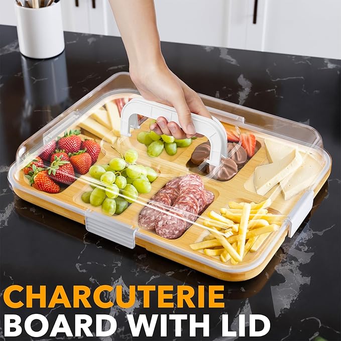 SpaceAid Charcuterie Board with Clear Lid, Portable Travel Cheese Cutting Boards for Picnic Accessories, Bamboo Serving Tray with Lids, House Warming Gifts, White Handles, 8 Compartments