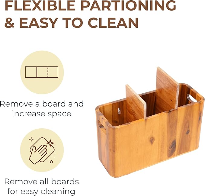 Wooden Utensil Holder for Kitchen Counter, 3 Compartments, Rectangle & Handles, Spatula Spoon Cooking Gadgets Tools Organizer, Large Utensil Crock