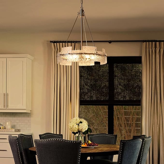 XINGQI Modern Farmhouse Chandelier 6-Light Silver Glass Drum Chandeliers 19.7" Height Adjustable Water Ripple Rustic Pendant Lighting Fixture for Dining Room Living Room Kitchen Island