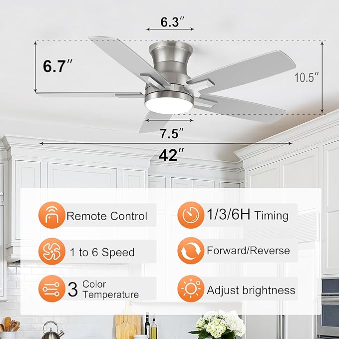 YUHAO 42 Inch Flush Mount Brushed Nickel Ceiling Fan with Light and Remote Control.Noiseless,Dimmable,3CCT,6 Speeds Reversible, Low Profile DC Ceiling Fans for Indoor Use