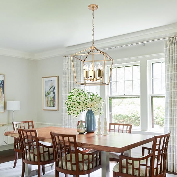 MELUCEE 16-inch Wide Farmhouse Chandelier Gold, 6-Light Vintage Openwork Cage Pendant Lighting Lantern Hanging Ceiling Light, Ideal for Kitchen Island Dining Areas Foyer, E12 Base