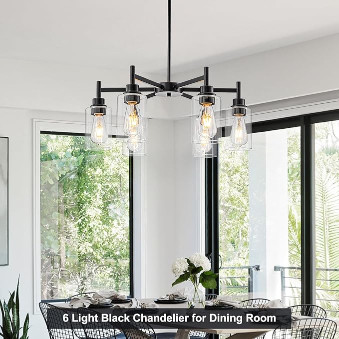 Farmhouse Chandeliers for Dining Room Matte Black Chandelier 6 Light Dining Room Light Fixture with Clear Glass Shades Gold Pendant Lights for Kitchen Island Living Room Entryway Staircase
