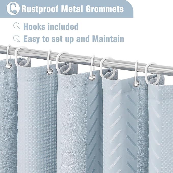 3D Embossed Pattern Shower Curtain, Simple and Chic Pattern Vintage Curtain for Bathroom, Waterproof Fabric Shower Curtains with Hooks, 72 W x 72 H, Fogblue