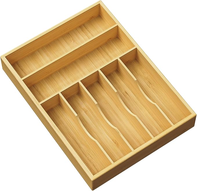 Bamboo Kitchen Silverware Drawer Organizer - 13 Inch Utensil Tray with 7 Slots and Deep Grooved Dividers for Flatware Cutlery Knives, Forks, Spoons - Kitchen Utensil Holder