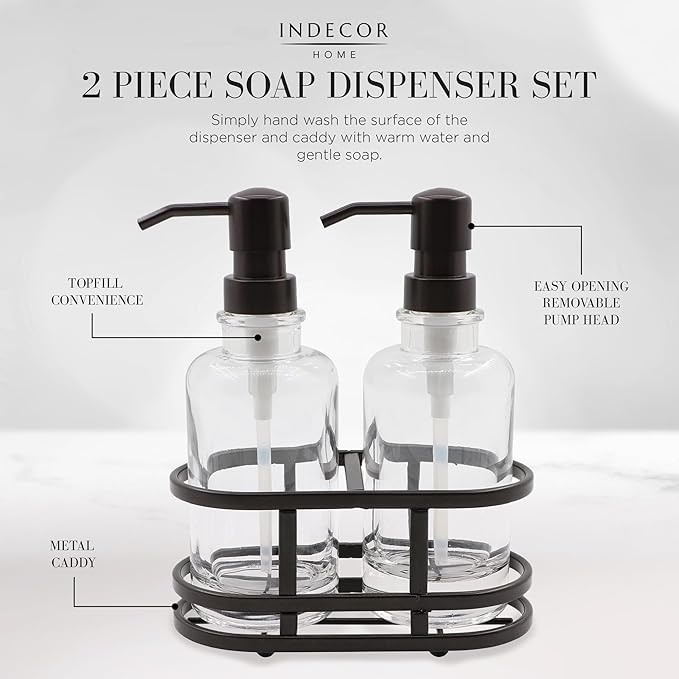 3 Piece Round Heavy Weight Glass Soap Lotion Pump Dispenser Set with Metal Caddy for Home Bath Kitchen Travel Office Hand Crafted Metal Tray Oil Rubbed Bronze