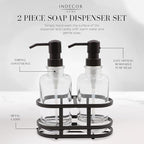 3 Piece Round Heavy Weight Glass Soap Lotion Pump Dispenser Set with Metal Caddy for Home Bath Kitchen Travel Office Hand Crafted Metal Tray Oil Rubbed Bronze