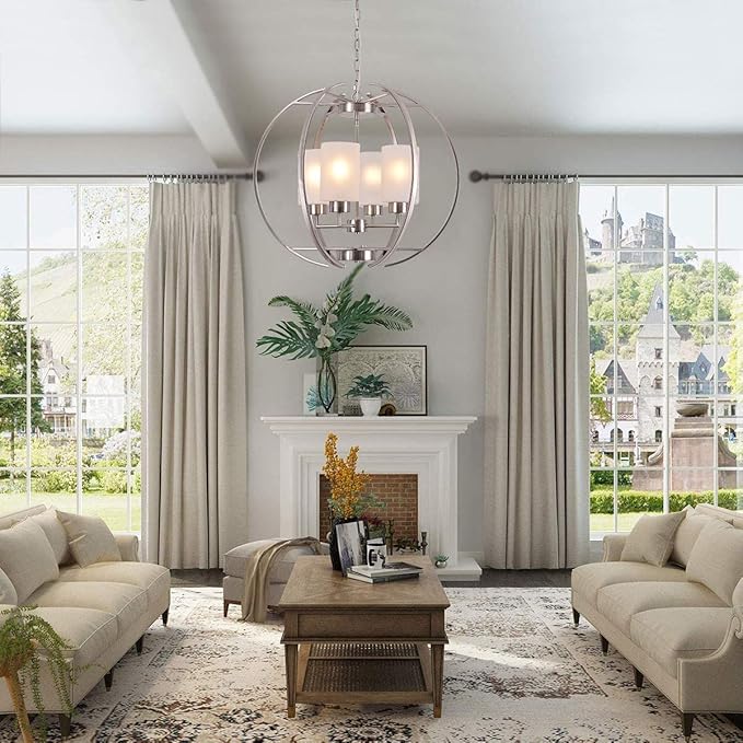 Globe Brushed Nickel Chandelier Dining Room Light Fixture Modern 24" Kitchen Chandeliers Over Table Hanging Industrial Pendant Lights for Island Foyer Restaurant