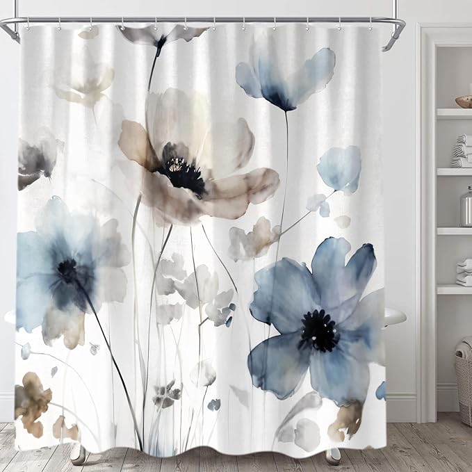 Sanzugh Boho Floral Long Shower Curtain, Cream Tan Beige Blue Grey White Watercolor Flower Fabric Shower Curtains Set for Bathroom Decoration with Hooks 72 X 78 inch Cute Farmhouse Bath Decor