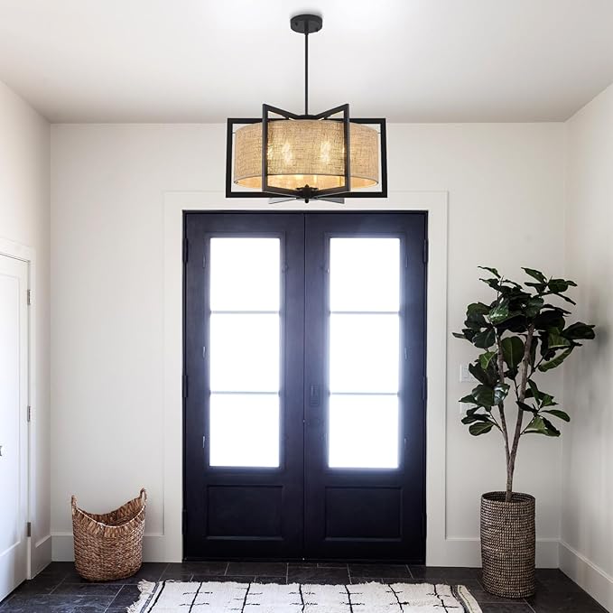 ALISADABOY Modern Black Chandeliers for Dining Room 21.25’’ Inches Contemporary Geometric Drum Chandelier 6 Light Industrial Pendant Light Fixture for Entryway Foyer Hallway