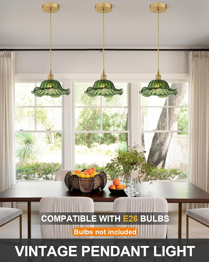 Vintage Glass Pendant Light，Green Flower Ceiling Pendant Light，Gold Adjustable Hanging Wire for Kitchen Island Dining Room Bedroom Hallway (10Inch - Green(A))