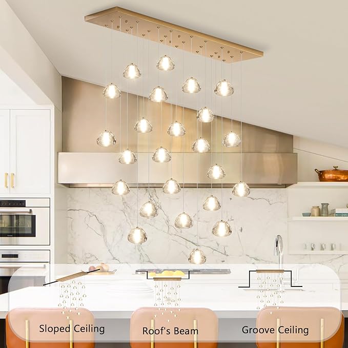24-Lights Modern Crystal Rectangular Chandelier LED Raindrop Ceiling Pendant Light Crystal Lighting Fixture for Living Room Hotel Staircase Hallway Foyer Entryway Bedroom Gold