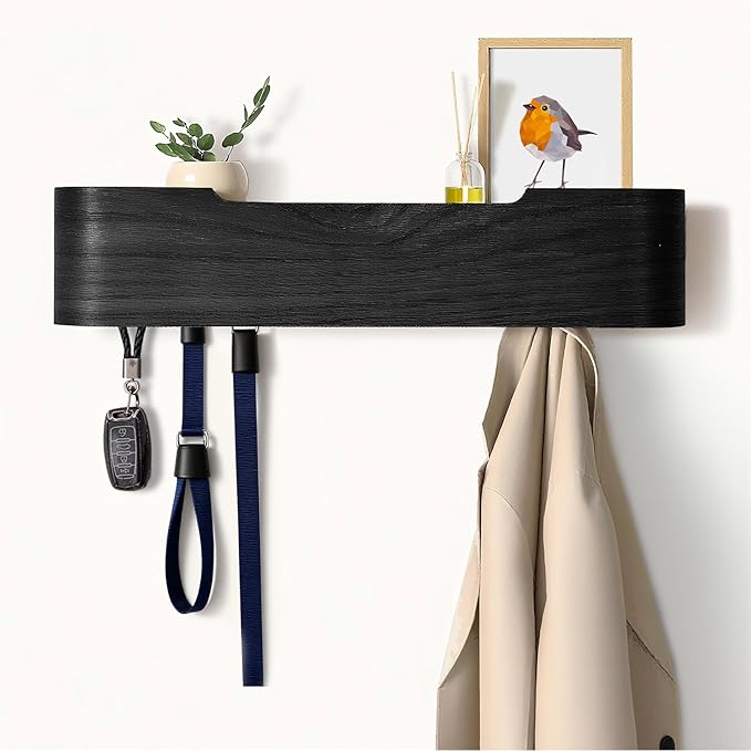 Coat Hooks Wall Mount with Shelf, 5 Hidden Hooks, 20.75 Inch Entryway Organizer for Coats, Hats, Bags, Keys, Decorative Wall Hooks (Black, 5 Hooks)