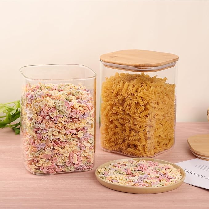 Glass Food Storage Jars 150 oz Set of 2,Glass Storage Containers Clear Glass Food Canister with Bamboo Lid Airtight For Serving Tea, Coffee, Flour, Sugar, Candy, Cookie, Spice and More (Square)
