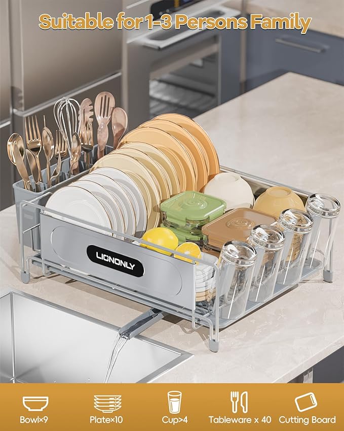 Dish Drying Rack, Dish Racks for Kitchen Counter, 304 Stainless Steel Dish Drainer Drainboard Set with Smart Drainage, 360° Adjustable Spout, Utensil Holder and Cup Holder, White