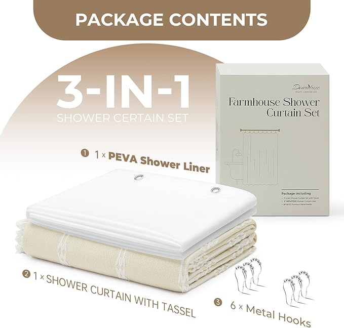 downluxe Linen Texture 3 in 1 Farmhouse Shower Curtain Set with Tassel, Boho Fabric Shower Curtains for Bathroom, Cream, 36W x 72L
