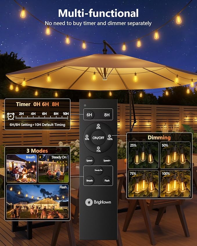 Brightown 202FT Solar String Lights Outdoor Waterproof with Remote, 65+1 LED Shatterproof Bulbs, Dimmable & Timable, 3 Light Modes - Commercial Grade Patio Lights for Garden Backyard Party Decor