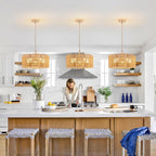 5-Light 19.6'' Convertible Rattan Chandelier - Flush Mount/Pendant Farmhouse Ceiling Light for Dining Room, Adjustable Chain & Dimmable Design