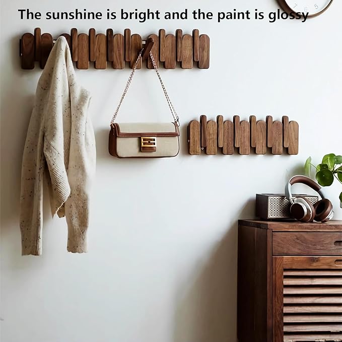 Wall Mounted Piano Key Hanger | Flip Style Hook | Entrance Wall Art Hook, Made of Oak Wood (3 Times Painted, 4 Times Polished) (Arc Walnut, 6Hooks)