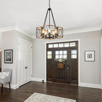 20.8'' Farmhouse Chandeliers for Dining Room, 5-Light Rustic Chandelier Wood Grain Metal Round Hanging Light Fixture, Vintage Drum Pendant Lights for Living Room, Bedroom, Kitchen, Entryway